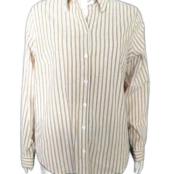 Izod Button Up Blouse Top Yellow Gray White Stripes Womens Shirt XL Striped - Picture 1 of 5